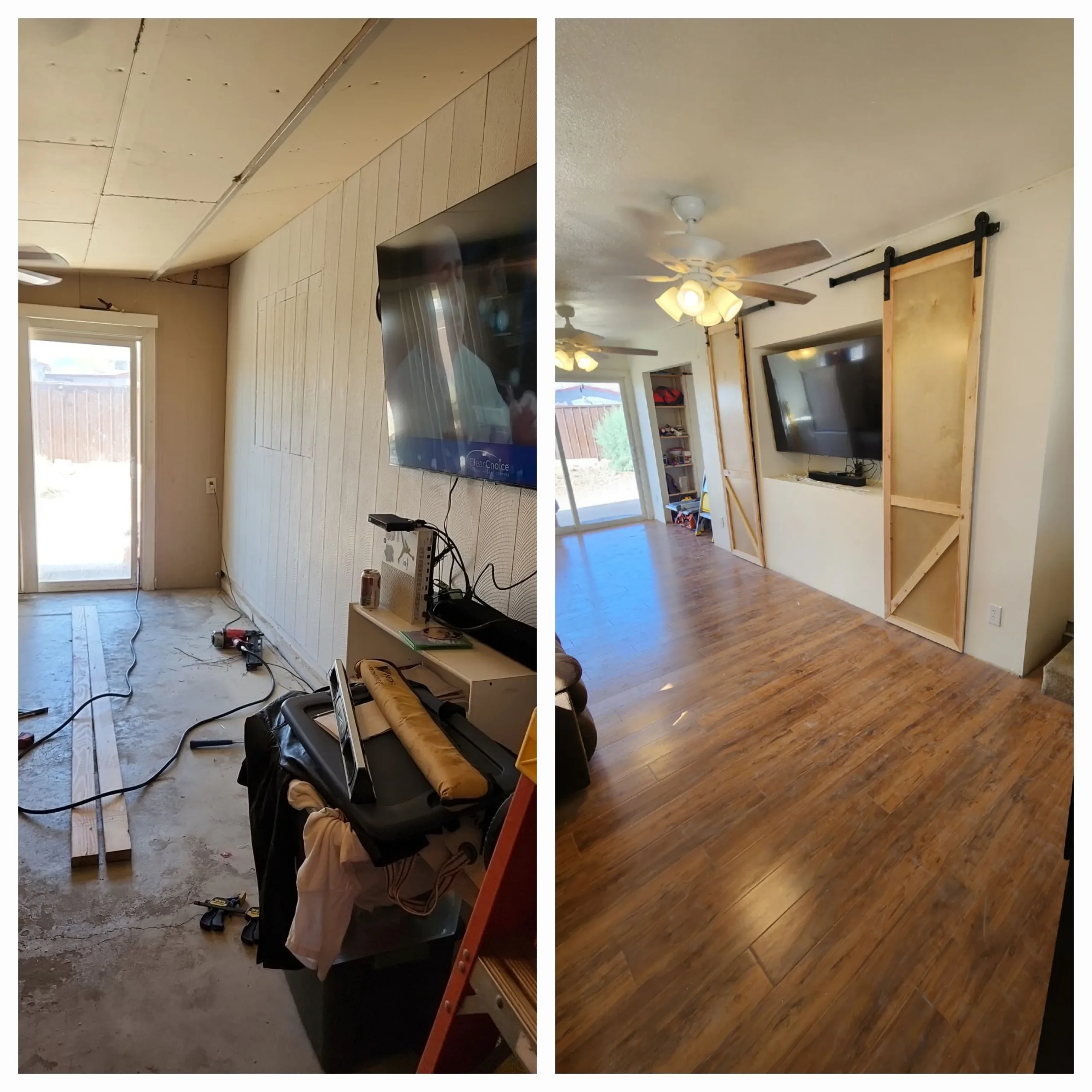 Before and after comparison of a living room renovation, showing new wood flooring, a ceiling fan, and a built-in entertainment unit with a sliding barn door.