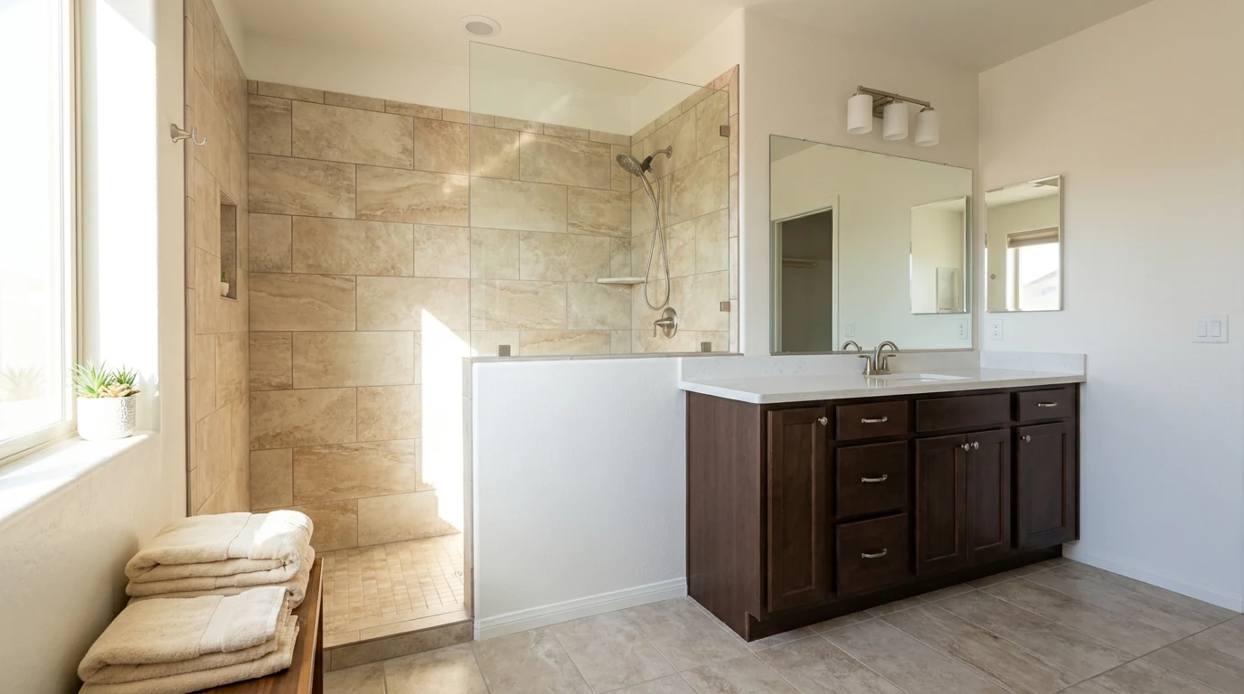 Finished bathroom remodel with shower, vanity, and tile