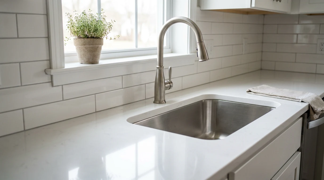 Kitchen sink, countertop, faucet, and backsplash detail