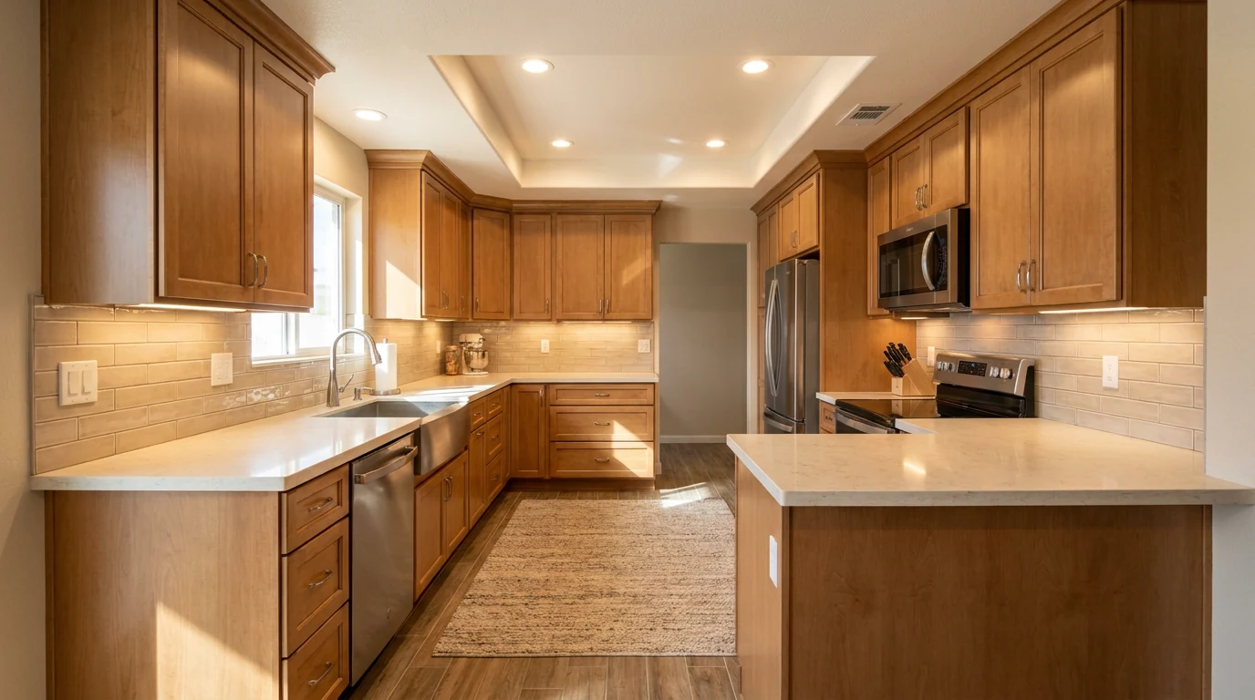 Finished kitchen remodel with cabinets, counters, and backsplash