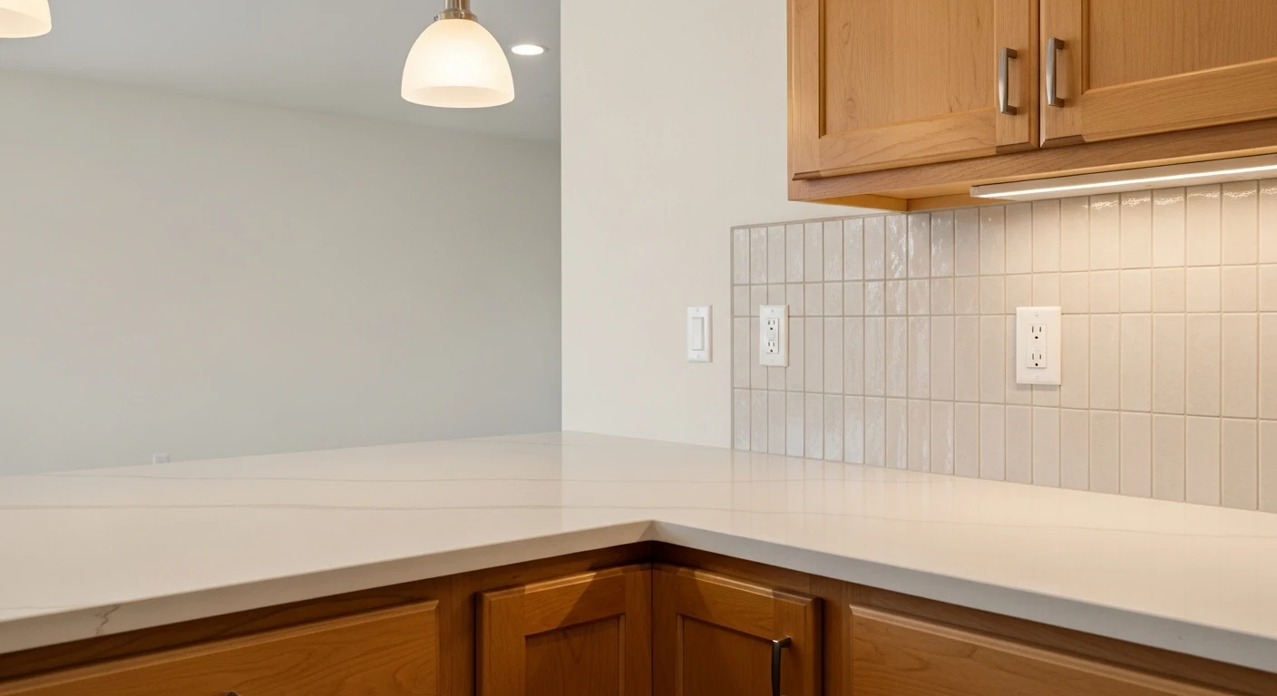Kitchen cabinetry, countertop, and backsplash detail