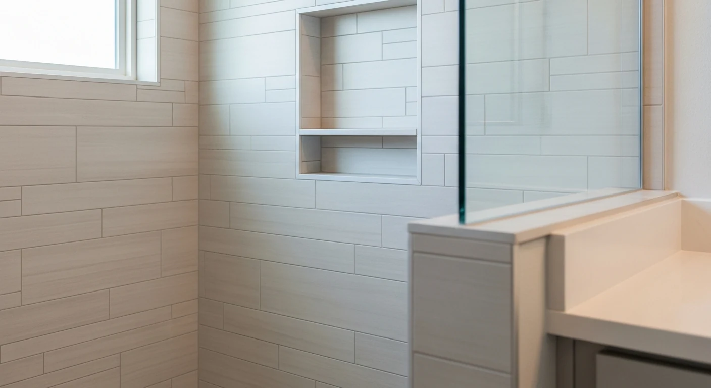 Walk-in shower tile and recessed niche detail