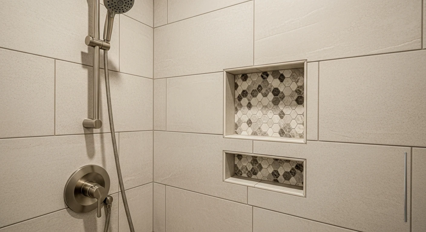 Tiled bathroom wall surround and shower fixture detail